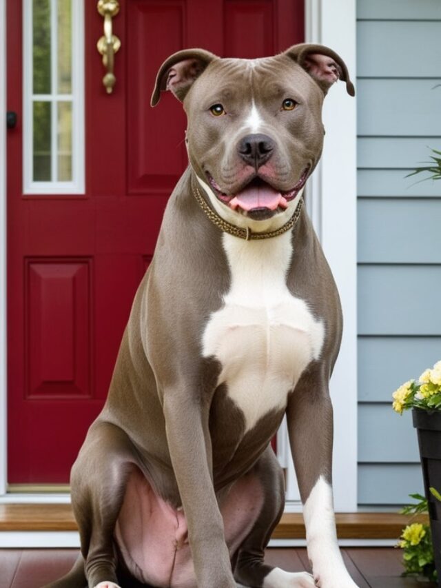 A Pit Bull attentively guarding a house.